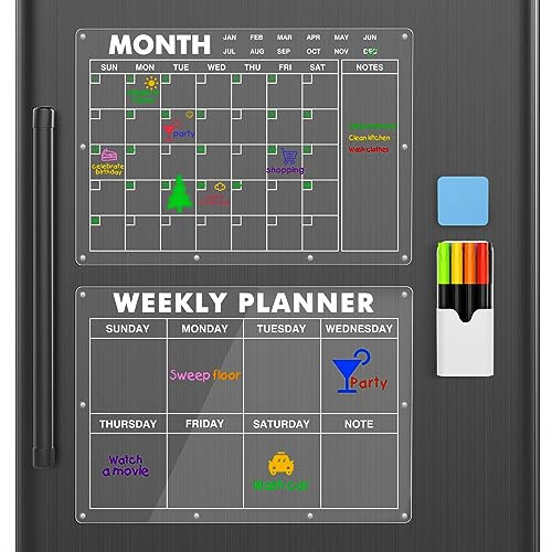 MoKo Wochenplaner Abwischbar Magnetischer, Acryl Monatsplaner Abwischbar Kühlschrank Kalender mit 8 Farbigen Markern 1 Radiergummi 1 magnetischen Ständer für Menüplanung und Einkaufsliste, 40 x 30cm