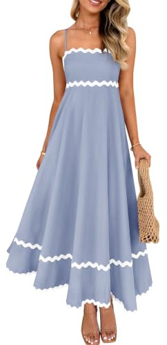 ZESICA Women's 2025 Summer Spaghetti Straps Sleeveless Backless Sundress Flowy Smocked Lace Swing A Line Midi Dress,Blue,Large