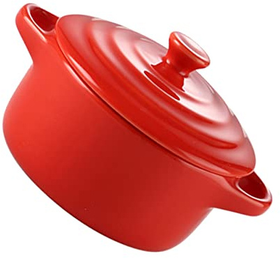 Amosfun Keramik Mikrowellen Bratschüssel mit Deckel, 230ml, Rote | Doppelgriffe, für Mikrowellenofen, als Suppenschale oder Schmortopf, 1 Stück, Küchengebrauch