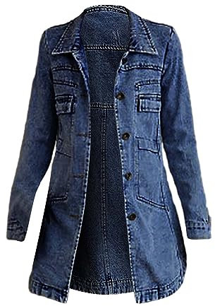 Jeansjacke Damen Lang Oversize, Trenchcoat Damen Lang Winter Revers Jeans Mantel Parka Jacke Mit Tasten Elegant Denim Winter Jeansmantel Baumwolle Übergangsjacke Slim Fit Winterjacke Übergangsmantel
