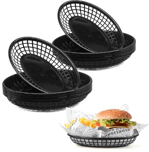 JJWNMLL 16 st matkorgar för servering, bio snackbricka, återanvändbara mexikanska festtillbehör i plast för pommes frites, picknick (svart)