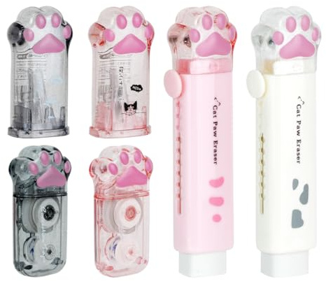 6 PCS Cartoleria con Zampa di Gatto, Mini Rullo per Matite Kawaii Cartone, Gomma Retrattile, Nastro Correttore per Bambini Amanti Dei Gatti