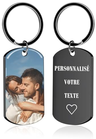 Porte Clef Personnalisable avec Photo - Porte Clé Personnalisé de Gravure Texte et Image Cadeau en Acier Inoxydable pour Homme, Femme, Couple, Amis et Famille (Couleur-Noir)