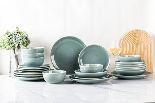 GBHOME Lot de 24 sets de table en céramique pour 6 personnes, assiettes et bols en faïence, vaisselle avec vernis réactif - Résistant aux rayures, passe au lave-vaisselle et au micro-ondes - Vert