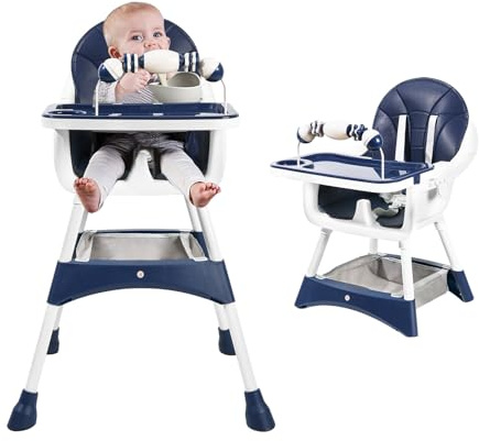 UBRAVOO Convertible High Chair for Babies and Toddlers, Foldable, Easy Clean, Padded Seat, Footrest,Tray Cup Holder, 15 kg Max Load, Aged 6 Months to 3 Years (Blue, 3-in-1 Highchair)