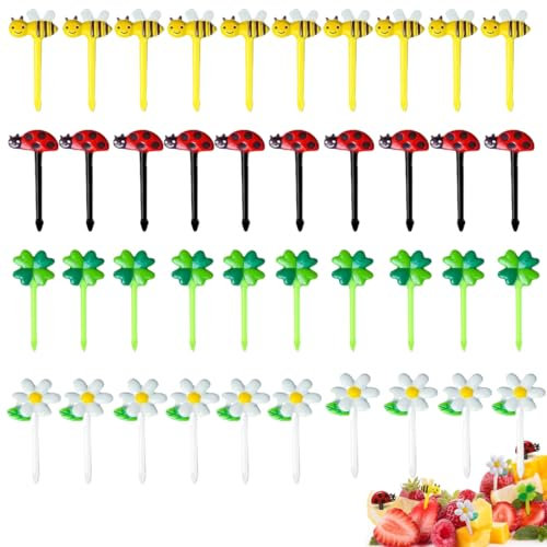OUDQFCJ 40 Stück Piekser Fingerfood Kinder Obstgabeln Kinder Food Picks Spieße Kinder Augen Piekser Brotdosen Zubehör Bento Box Zubehör Fruchtgabel aus Cartoon Für Desserts Obst Mittagessen Party