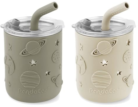 PandaEar Confezione da 2 Bicchieri in Acciaio Inox per Bambini con Coperchio e Manicotto in Silicone, Tazze Antigoccia da 260 ml con Cannuccia per Neonati e Neonate, Senza BPA (Beige & Khaki)