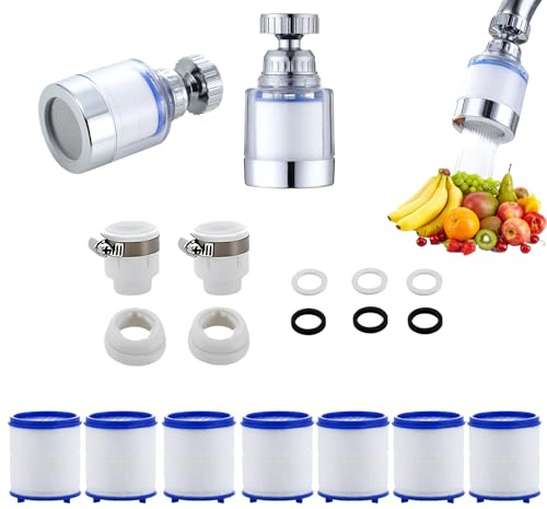 2 Stück Wasserfilter Wasserhahn, 360° Filter Wasserhahn, Wasserhahn Filter für Trinkwasser, Water Filter Tap, Wasserfilter für Wasserhahn Mit 7 Stück PP-Baumwolle Filterelement Und Universaladapter