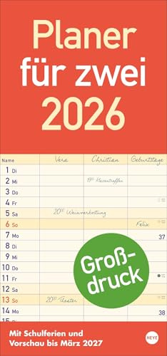 Planer für zwei Großdruck - Kalender 2026 - Heye-Verlag - Familienplaner mit 3 Spalten und viel Platz zum Eintragen - 21 cm x 45 cm