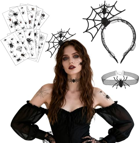 Viechoes Halloween Kopfschmuck Damen Set- Halloween Spinnen Haarreif,Halloween Kopfschmuck Damen, Halloween Accessoires, incl. Spinnenhaarreif,Spinnennetz-Halskette, 10 Tattoos​