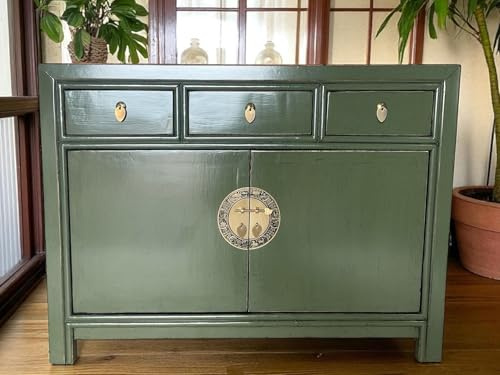 OPIUM OUTLET Chinesische Kommode Asia Sideboard orientalischer Schrank asiatische Vintage Möbel Anrichte Hochzeitsschrank komplett montiert Oliv-grün