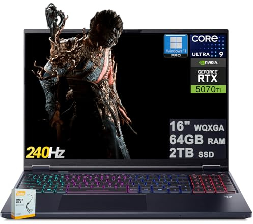 acer Predator Helios Neo 16S AI Gaming Laptop | 16 2560x1600 OLED 240Hz 100% DCI-P3 | Intel 24-core Ultra 9 275HX | 64GB DDR5 2TB SSD | GeForce RTX 5070 Ti | RGB Backlit Win11Pro w/DLCA Accessory