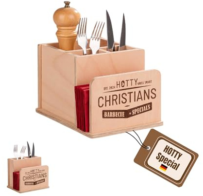 HOTTY – Besteckkorb mit deiner Wunschgravur I Besteckkasten handgefertigtes aus Holz – Besteckhalter-Organizer für Besteck, Servietten & Saucen – Stilvoller Tischbutler – Ideal für BBQ-Grillpartys