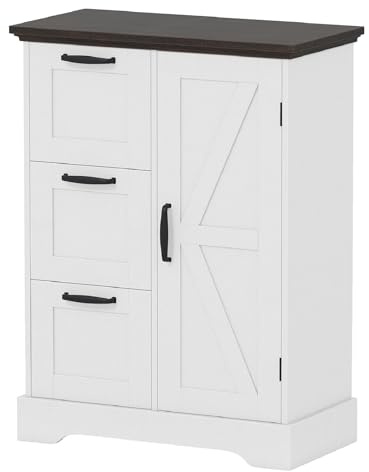 COSTWAY Bathroom Floor Cabinet, Freestanding Storage Cupboard with Barn Door and 3 Drawers, Farmhouse Wooden Bathroom Unit Side Cabinet for Living Room Kitchen Hallway, 60 x 30 x 80cm (White)