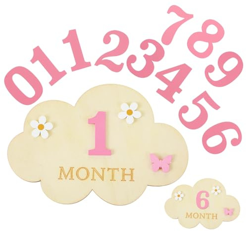 1 juego de tarjetas de hitos de madera para bebé, tarjetas de hitos de nubes para bebé, hitos de bricolaje con números rosas (1-12 meses, rosa)
