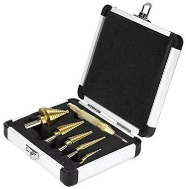Juego de 5 brocas escalonadas HSS recubiertas con punzón central automático for chapa metálica, hasta 50 mm en estuche aluminio