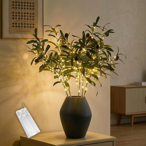 Gresonic 5er Set 50cm LED Olivenzweige mit 100 warmweißen LEDs - Batteriebetriebene künstliche Olivenbaum Zweige, Grünes Olivenblatt Deko Licht für Vase, Wohnzimmer, Hochzeit & Feiern