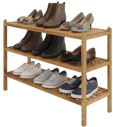 Relaxdays Schuhregal Walnussholz, 9 Paar Schuhe, 2 Schuhablagen, HxBxT: 46 x 69 x 26 cm, stapelbares Schuhgestell, Natur