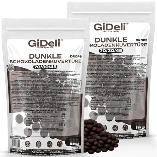 GiDeli Zartbitter Schokolade Schokodrops 70% Kakao 2 x 1 kg - Kuvertüre | aus Ghana, einzeln verpackte Beutel, schmilzt ab 32 °C, für Ganache, Schokobrunnen, Pralinen und Eiscreme