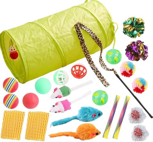 Speedy Panther 24 Pack Cat Toys Set for Indoor Cats, Variety Kitten Toys Kit with Tunnel, Feather Wand, Mouse Toys, Crinkle Balls and Pom Pom Balls