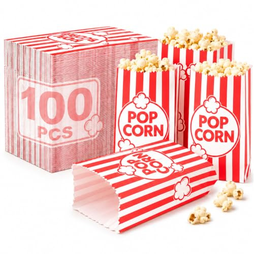 100 Sachets Pop Corn Papier Rouge 1oz pour Cinéma et Fête | Format 9x6x21 cm à rayures pliable pour machine à popcorn carnaval anniversaire snacks portions maison