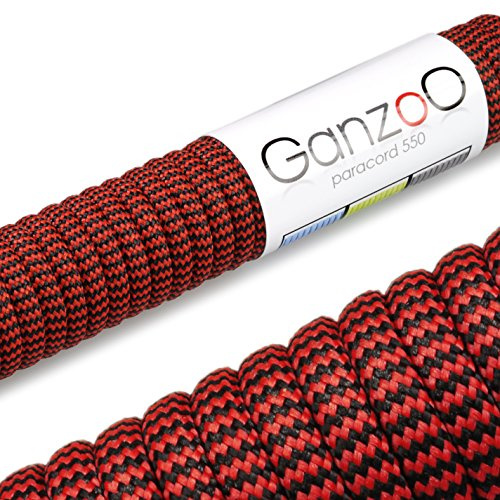 Ganzoo Paracord 550 Seil, Nylon-Polyester, 4mm, Typ 3, 30 Meter, 7 Kernstränge, Outdoor-Schnur, Allzweck-Seil, Hundehalsband, Hundeleine, Armband knüpfen, Camping, Survival - schwarz rot