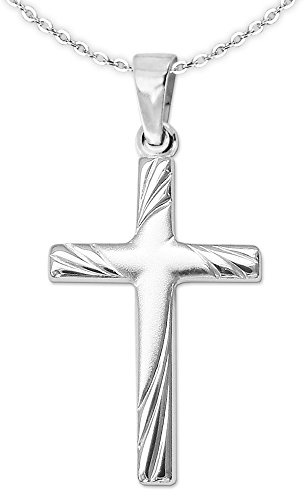 CLEVER SCHMUCK Halskette Kreuz 18 mm matt mit glänzenden 3-fach aufgefächerten bogenförmigen Linien verziert Kette Anker 40 cm Sterling Silber 925 im Schmucketui schwarz