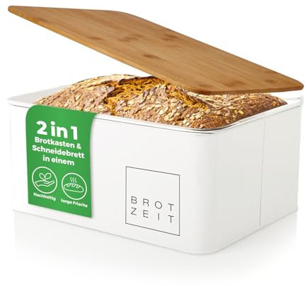 Lumaland Cuisine Brotkasten | Brotdose aus Metall mit Bambus Deckel | Brotbox rechteckig 30,5 x 23,5 x 14 cm | 2in1 Brotbehälter & Schneidebrett [Weiß]