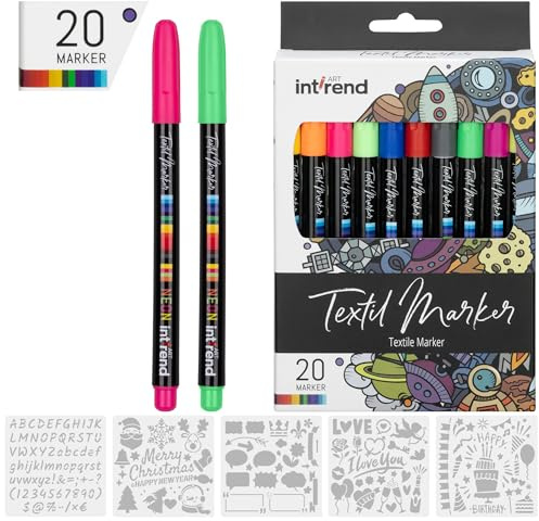 int!rend Feutre Textile Permanent - Lot 20 Marqueur Stylo Indélébile pour Tissu Résistant au Lavage en Machine - Feutres Tissus Vetement Enfant Indelebile avec 4 Marqueurs Fluo UV