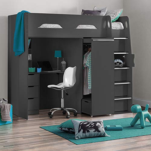 happybeds Pegasus Anthracite Wooden High Sleeper Bed, 3ft Single | 3ft Single, Wooden High Sleeper Bed, Frame Only, Anthracite, Cupboard, Storage Shelves, Safety Rails, 90 x 190 cm, 4 Drawers