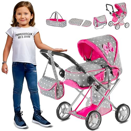 Kinderplay 3-in-1 Puppenwagen mit Tragetasche – Höhenverstellbarer Kinder-Spielwagen 36,5–64 cm – Aluminiumrahmen, leise Schaumräder, klappbar – Für Puppen bis 40 cm – ab 3 Jahren