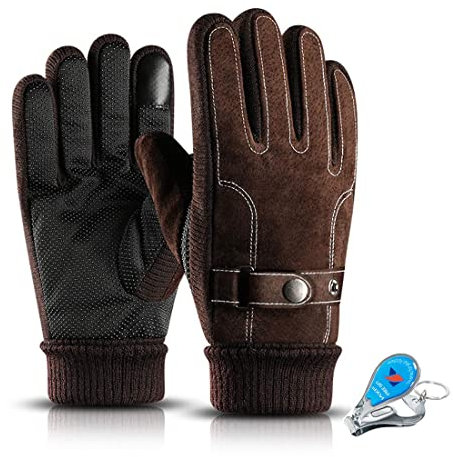 KXF Thermo-Handschuhe für Herren, Leder, Winter, wasserdicht, dick, warm, mit Fleece gefüttert, winddicht, kältebeständig, Touchscreen-Handschuh für Radfahren, Fahren, Laufen, Camping, Wandern