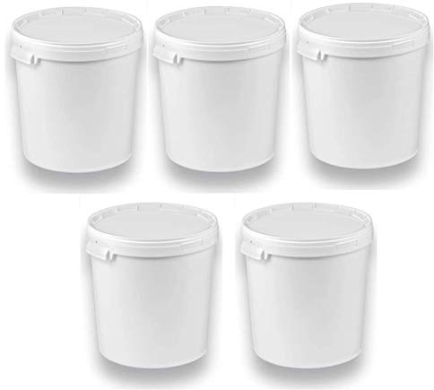 5 x 30 Liter Eimer mit Deckel, Weiß, stapelbar, lebensmittelecht, 5 Stück | Kunststoffeimer, Milch-/Vorratseimer, Honigeimer, Lebensmittelbehälter, Leereimer für Mehl, Wassereimer, Lebensmittelfreigabe