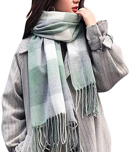 heekpek Damen Kariert Oversized Kaschmir Schal Lange Winterschal Weich Wraps Groß Karo Fransen Schal Warm Schal für Herbst Winter, Grün weiß