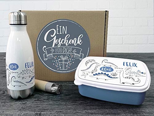 GRAZDesign Brotdose und Trinkflasche Set für Jungen personalisiert mit Namen aus Edelstahl 350ml | Geschenk zur Einschulung (Dinos)