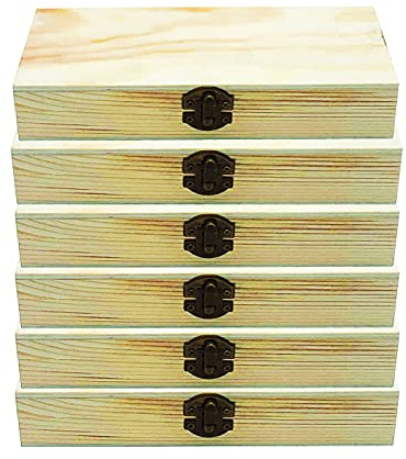 Pack de 6 Cajas de madera en forma rectangular 21 x 7 x 4 cm, joyero, baúl, costurero, hucha, caja arca,cofre del tesoro.