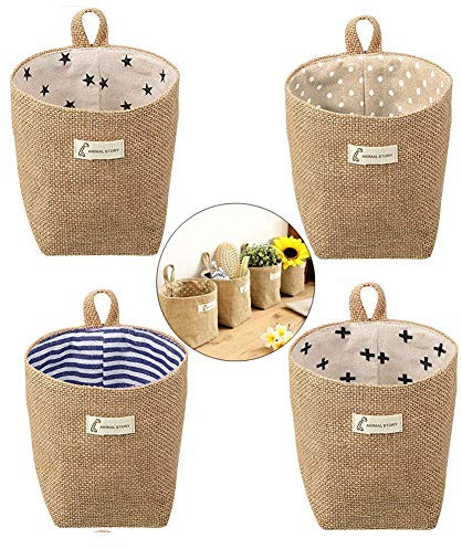 Kinearcharms 4 Stück Aufbewahrungskörbe Baumwoll-Leinen Wand Hängend Faltbares Aufbewahrungskörbe mit S Griff und J Haken für Spielzeug, Make-up, Schlüssel, kleine Gegenstände