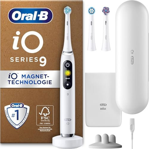 Oral-B iO 9 Cepillo de Dientes Eléctrico con Mango Recargable, 3 Cabezales y Estuche de Viaje con Cargador, Diseñado por Braun, Regalos Originales para Mujer y Hombre - Blanco