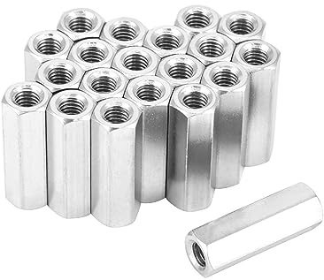 QWORK 20 Pcs M6 X 1-Pitch 30mm Length 304 Stainless Steel Metric Hex Coupling Nut, Female Thread Straight Fitting Hex Rod