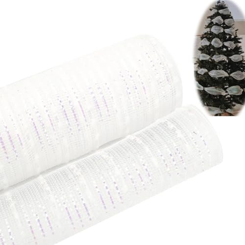 1 Pezzo di Decorazione per Albero di Natale, Nastro Natalizio Artigianale per Albero di Natale, Fiocco, Ghirlanda Pasquale, Decorazione per Festa di Nozze, 26 cm x 9,14 m, Bianco + Colore Lucido