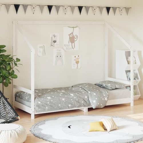 Festnight Kinderbett aus Holz 80x200 cm Hausbett für Jungen & Mädchen Kinder Bett Jugendbett Bodenbett Massivholz Holzbett Bettgestell mit Lattenroste Bettrahmen Kinderzimmer Weiß