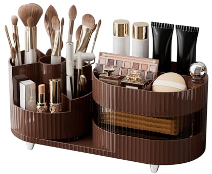 Cinnani Kosmetik Make Up Organizer, 360°Drehbarer Pinsel Organizer, Kosmetikregal Kosmetik Organizers für Frisiertisch, Bad und Schlafzimmer - Braun