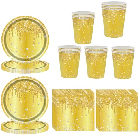 60 Pcs Yellow Party Tableware Set for Her,Girls,Women,Yellow Paper Plates Paper Cups and Napkins,Sparkling Diamond Gold Paper Dinnerware Set for Birthday,Wedding,Baby Shower Party Tableware
