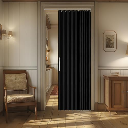 AJAZZ 100% Blackout Magnetic Door Curtain - Pleated Folding Accordion Closet Door Curtain - Invisible, Applicable for Bedroom & Living Room Doorway (Black, 52 W x 78 L) - 1 Panel