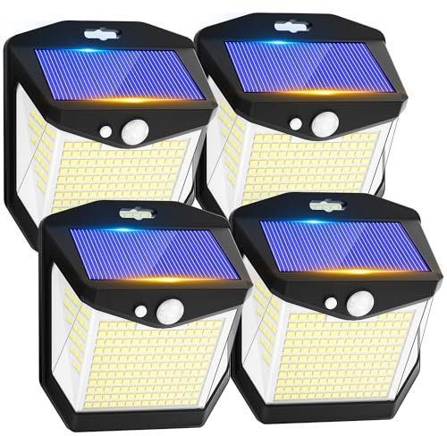Luci LED Esterno Giardino Solare - 248 LED Luce Esterno con Pannello Solari con Sensore da Movimento 3 Modos 270° Illuminazione Lampada Solare da Esterno IP65 Impermeabile per Parete Garage 4 Pezzi