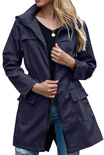 Geagodelia Giacca Antipioggia da Donna con Cappuccio Giacca Lunga Leggera impermeabile Giacca a Vento Casual (Blu, M)