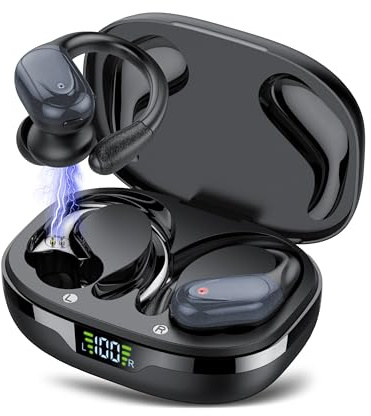CASCHO Trådlösa öronsnäckor, 60 timmars speltid Bluetooth-hörlurar, Bluetooth-hörlurar 5.3, djup bas stereo HD-mikrofon, In-Ear IP7 vattentäta hörlurar med öronkrokar, USB-C, för Sport iOS/Android