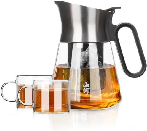ZENS Teekanne Glas mit 2 Tassen, 680ml klein Teeservice für Tee-Liebhaber | Design Teeservice mit Teesieb and Edelstahl-Auslauf für tropffreies Ausgießen, Dick Glaskanne für Grün Tee Zubereitung