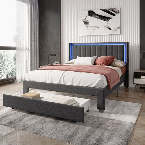 PerGar Polsterbett 140x200 cm, Doppelbett mit USB-Anschluss und LED-Beleuchtung, großes Schubladenbett am Ende des Bettes, Schubladenbett aus dunkelgrauem Leinenstoff, Lattenrost (140x200cm)