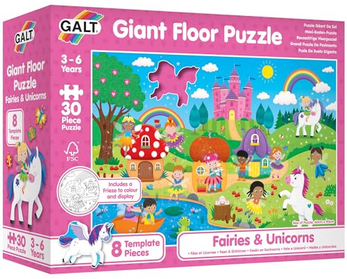 GALT Giant Floor Kids Jigsaw Puzzle Fairies and Unicorns, 60 x 90 cm | Fun Colourful 30 Piece with Cute Characters, 8 Template Pieces and Frieze to Colour and Display, Children Ages 3 to 6 Years
